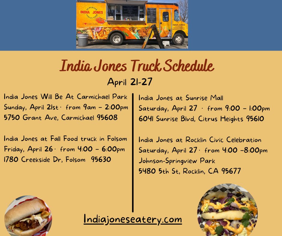 India Jones Truck Schedule: April 21-27
More on website at indiajoneseatery.com #foodie #indianfood #foodtruck #eatlocal #yum #letseat #lunch #dinner #comeeat #togofood #tacos #fries #curry #gourmet #norcalfoodtrucks #carmichael #citrusheights #folsom #rocklin #sacramento