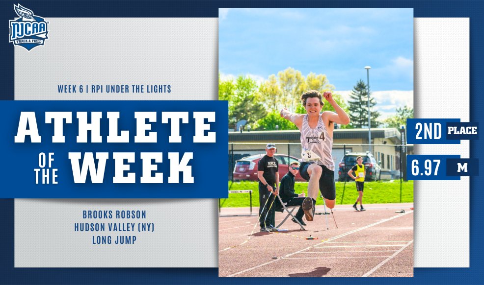 👏👏 Record Breaker Brooks Robson of @HVCCVIKINGS is the #NJCAATF DIII Men's Outdoor Athlete of the Week! Robson broke a Hudson Valley school record that has stood since 1981 in the RPI Under of the Lights Event. #NJCAAPOTW