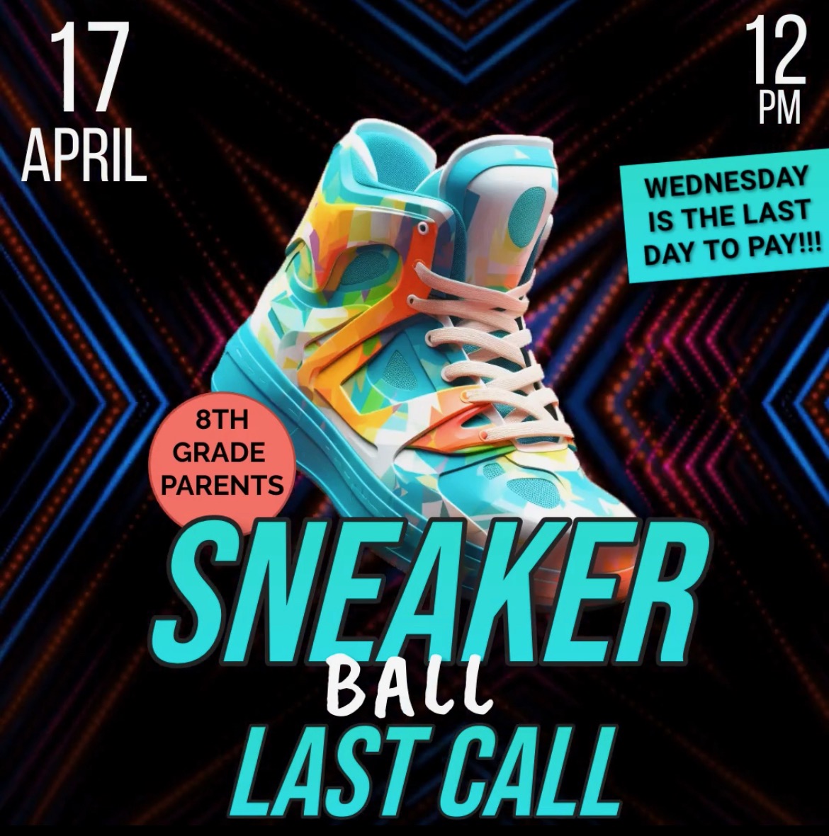 Last call for the Sneaker Ball!! 8th grade students, if you plan on attending, now is your chance! Tomorrow is the last day to pay. ALL payments MUST be in my 12 PM (Noon) tomorrow. #sneakerball #lastcall #8thgrade #students #parents #teachers #middleschool #minormiddle @JEFCOED