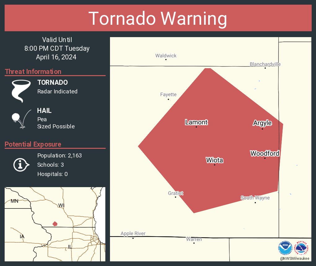 Tornado Warning continues for Argyle WI, Woodford WI and Lamont WI until 8:00 PM CDT