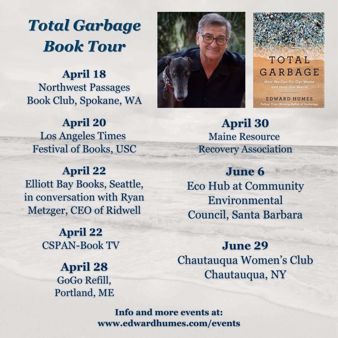 ‘Total Garbage’ book tour continues! Please join me this week in Spokane, Los Angeles or Seattle on #EarthDay ⁦⁦@latimesfob⁩ ⁦@ElliottBayBooks⁩ ⁦⁩ ⁦@BookTV⁩ ⁦@cspan⁩ ⁦@SpokesmanReview⁩ ⁦@getridwell⁩ ⁦@Avery_Books⁩