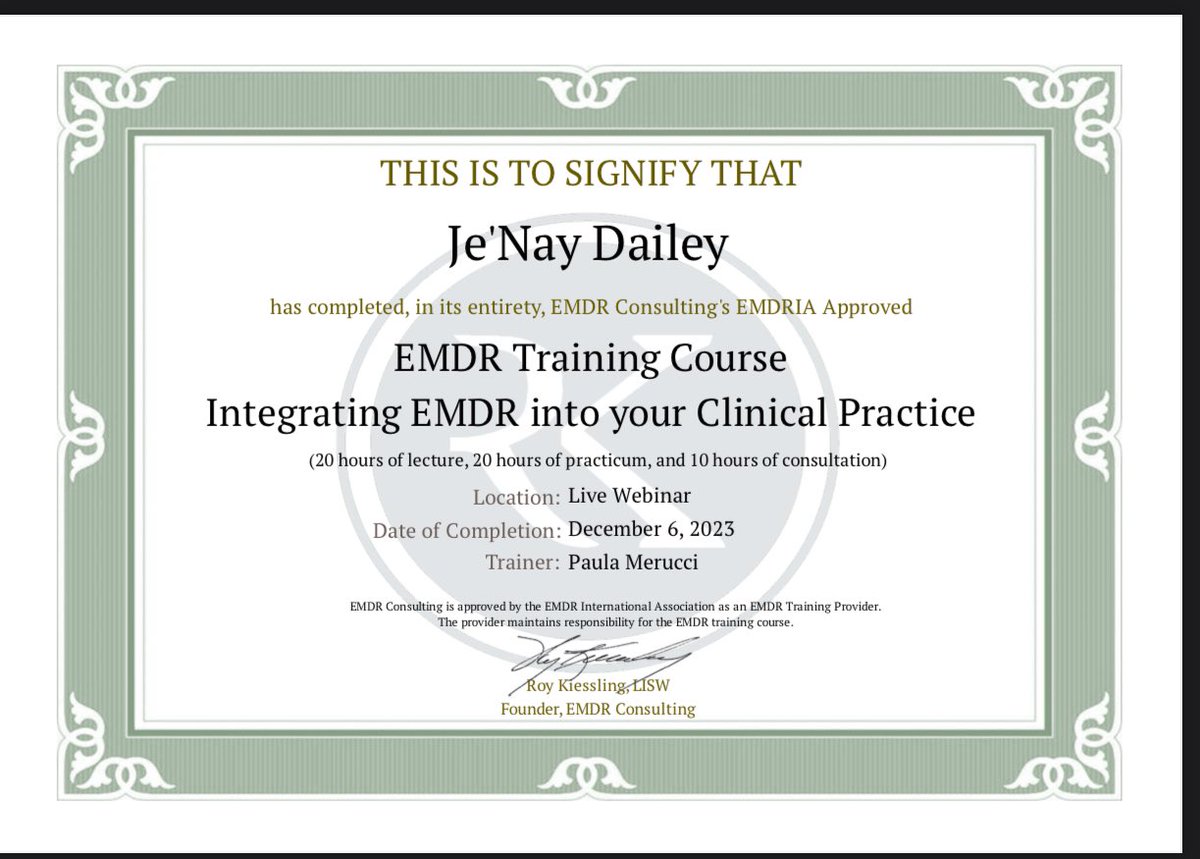 It took me a year and some months to complete this training. I began in December 2022, finished the second half in December 2023, and completed the third part last month. Now, I can proudly add 'EMDR trained' to my skillset.