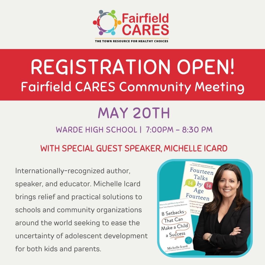 Registration is now open for our annual community meeting featuring special guest speaker, Michelle Icard! Register online now to save your spot: pulse.ly/o95oywrbnq

#FairfieldCT #FairfieldCARES