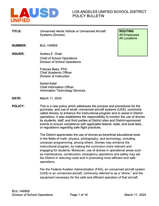 ATTENTION @LASchools: Are you curious about the buzz on drones? Check out the new Drones Policy, Bulletin 149909. Learn how drones are enhancing education and operations while ensuring safety and compliance. Read the bulletin here: lausd.org/cms/lib/CA0100…