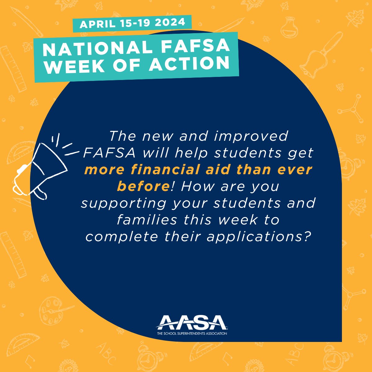 This year’s FAFSA was revamped so that more students can qualify for federal student aid. How are you supporting your students and families this week to complete their applications?

Check our resource page for more info: aasa.org/resources/reso…

#BetterFAFSA #FAFSAFastBreak