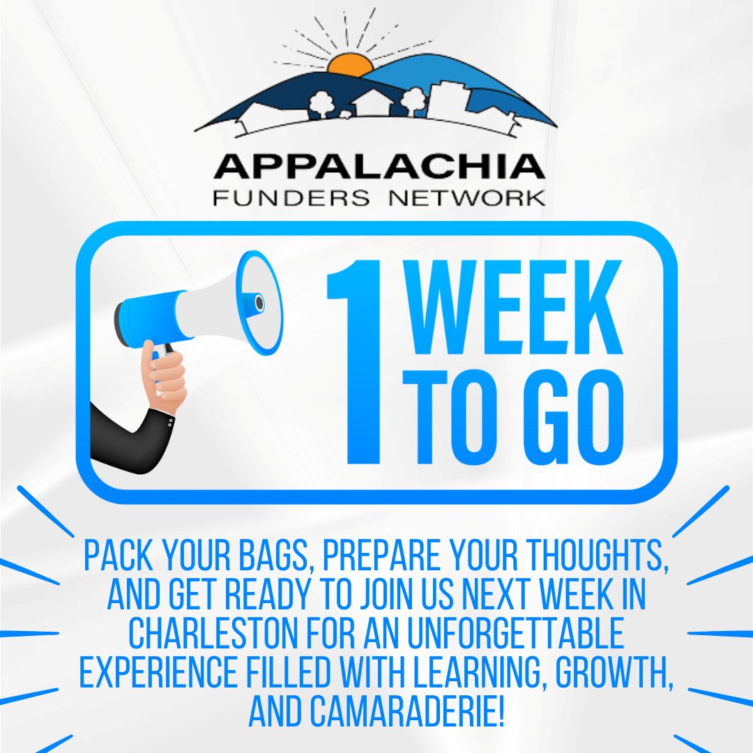 Just one week until the Appalachia Funders Network Gathering in Charleston, WV!  We're thrilled to welcome you for insightful discussions, networking, and collaboration. Get ready to dive into the heart of Appalachia's future. See you soon!

#appalachia #philanthropy #Gathering