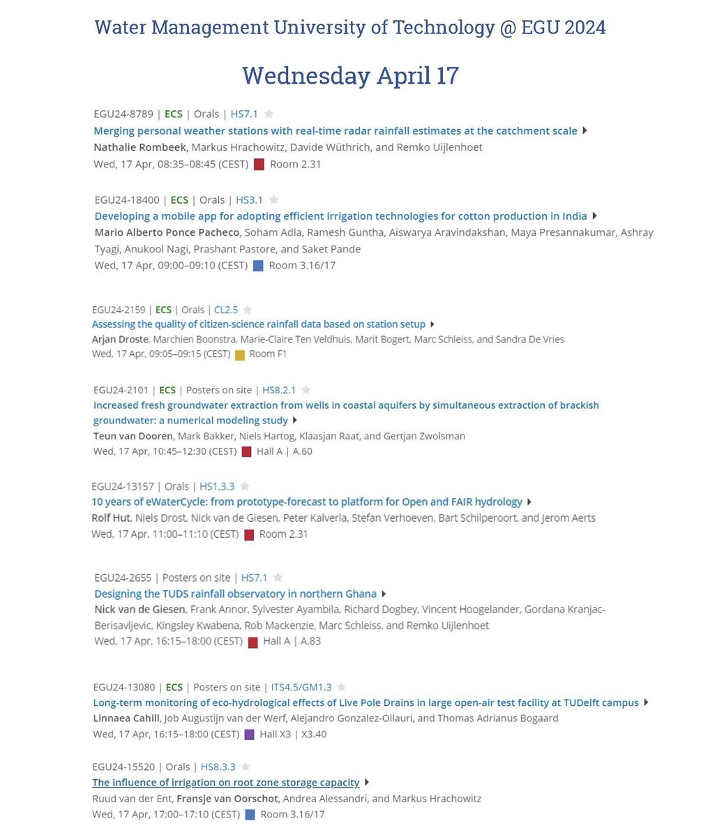 Water @ TU Delft (@wrmtudelft) on Twitter photo On Wednesday April 17 we have several colleagues presenting at #egu24:
#conference #earthsciences #hydrology <a href="/EGU_HS/">EGU Hydrology</a> On Wednesday April 17 we have several colleagues presenting at #egu24:
#conference #earthsciences #hydrology <a href="/EGU_HS/">EGU Hydrology</a>
