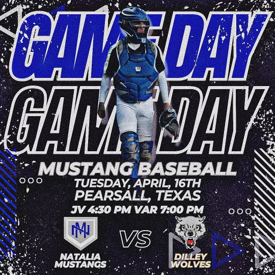 ⚾️MUSTANGS GAME-DAY⚾️
Natalia v Dilley 
📅 April 16, 2024
📍 Victor Trevino Sport Complex (Pearsall) 
⏰ JV @ 4:30 - Varsity @ 7:00     
🎟️ Admission at Gate            
#TTP #ChampionshipCulture <a href="/NataliaSports/">Natalia Athletics</a>