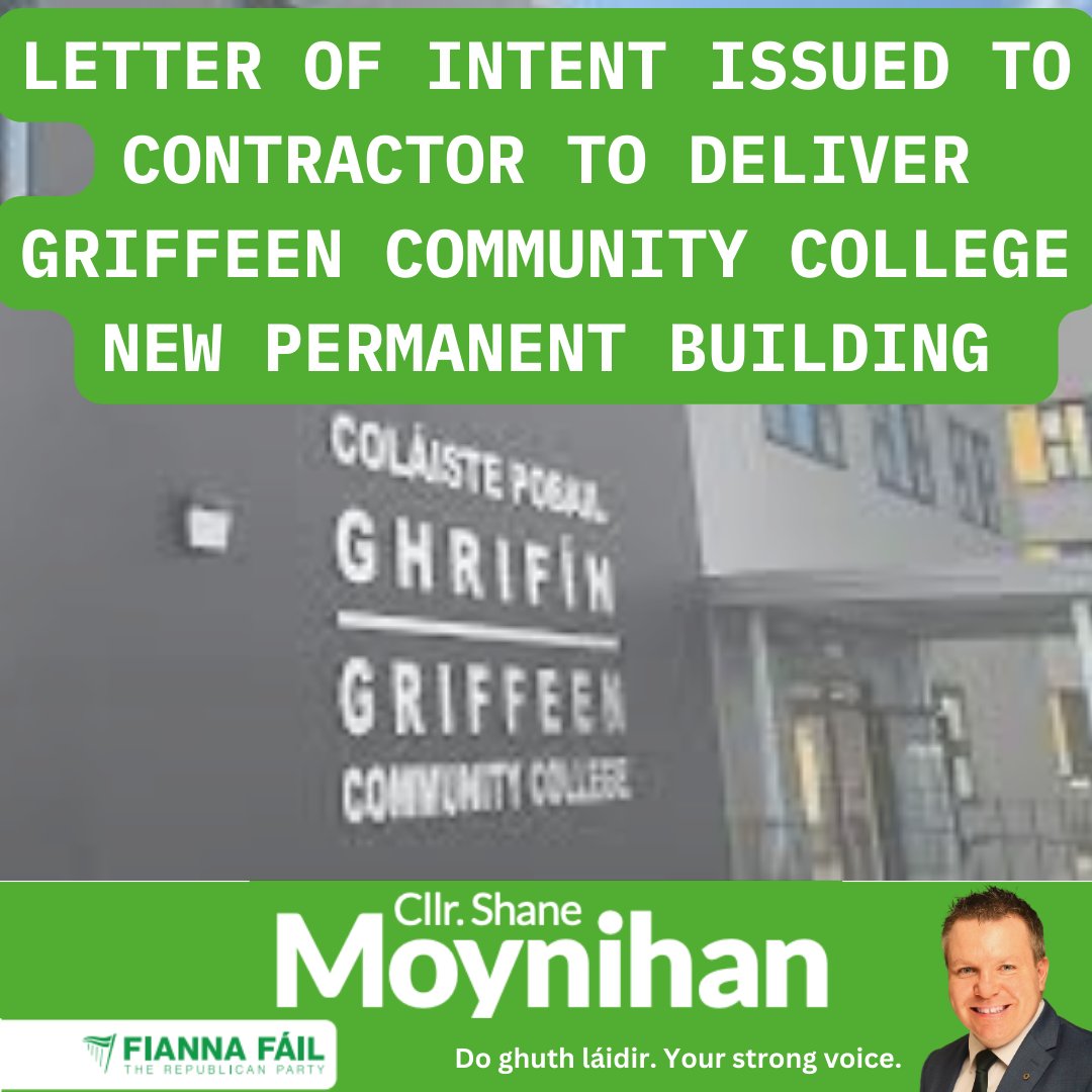 I am delighted to receive confirmation from my colleague, Minister for Education Norma Foley - TD this evening that the Letter of Intent for the construction of Griffeen Community College has been be issued to the contractor imminently.

#palmerstownfonthill #lucan