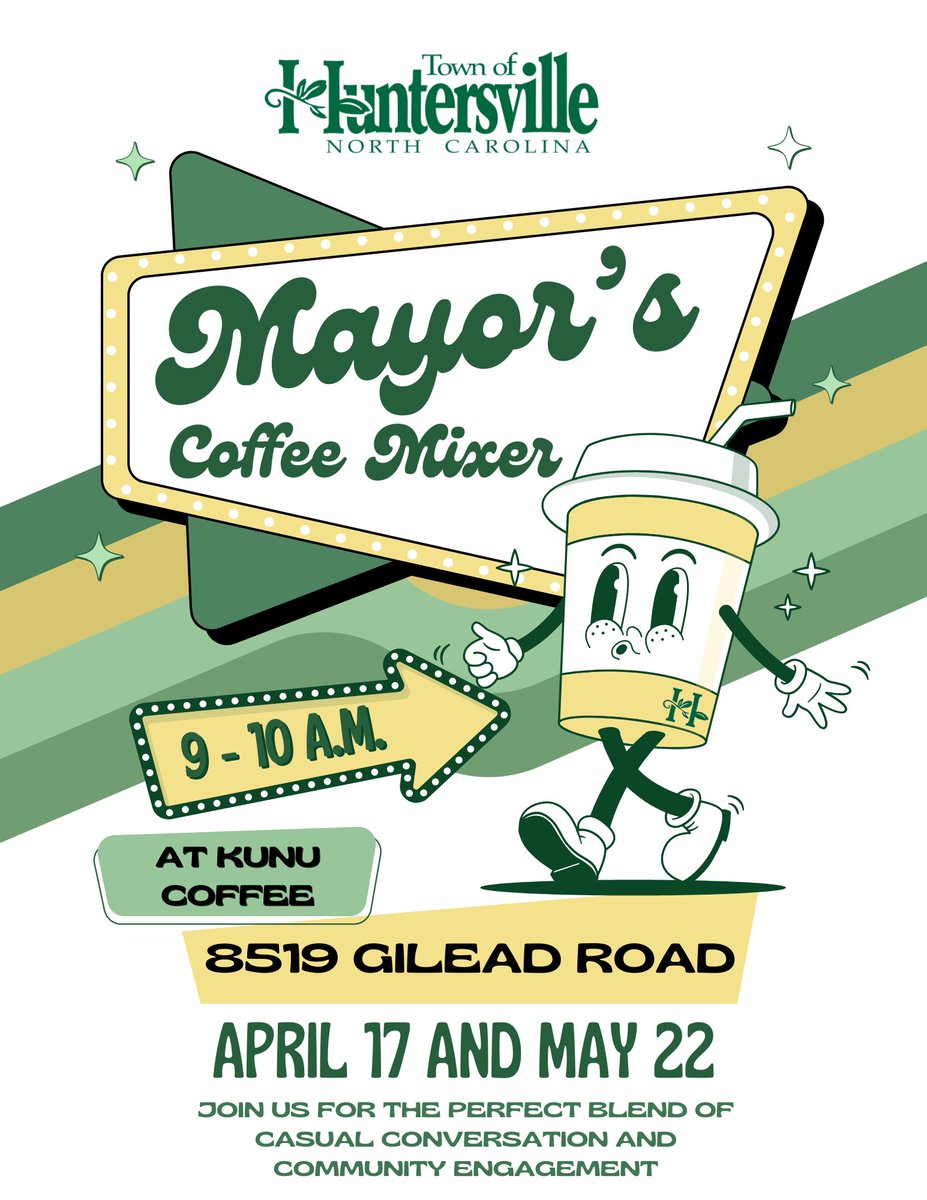 Join us TOMORROW for the perfect blend of casual conversation and community engagement with our new Mayor's Coffee Mixer series! This is an opportunity for residents to pop by and engage in meaningful conversation with @ChristyClarkNC and hear updates about the town.
