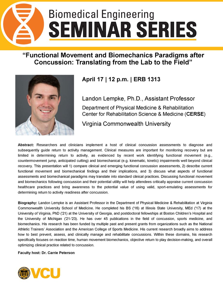 REALab VCU (@petersonrealab) on Twitter photo Landon Lempke, PhD <a href="/lblempke/">Landon Lempke</a> recently joined our faculty <a href="/VCU_PMR/">VCU Dept. of PM&R</a> and we're lucky to have him present his research at our <a href="/VCU_BME/">VCU Biomedical Engineering</a> seminar tomorrow! Looking forward to his talk on "functional movement and biomechanics paradigms after concussion." <a href="/VCUENGR/">VCU Engineering</a> Landon Lempke, PhD <a href="/lblempke/">Landon Lempke</a> recently joined our faculty <a href="/VCU_PMR/">VCU Dept. of PM&R</a> and we're lucky to have him present his research at our <a href="/VCU_BME/">VCU Biomedical Engineering</a> seminar tomorrow! Looking forward to his talk on "functional movement and biomechanics paradigms after concussion." <a href="/VCUENGR/">VCU Engineering</a>