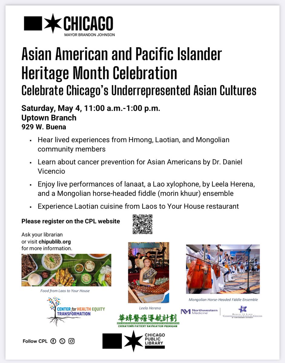 Join @HealthEquityNU for our Asian American and Pacific Islander Heritage Month Celebration to recognize and celebrate Chicago’s underrepresented Asian Culture! 📆 Saturday, May 4th 2024 🕕 11am - 1pm 📍Uptown Branch: 929 W. Buena Register here: bit.ly/AAPI_0504