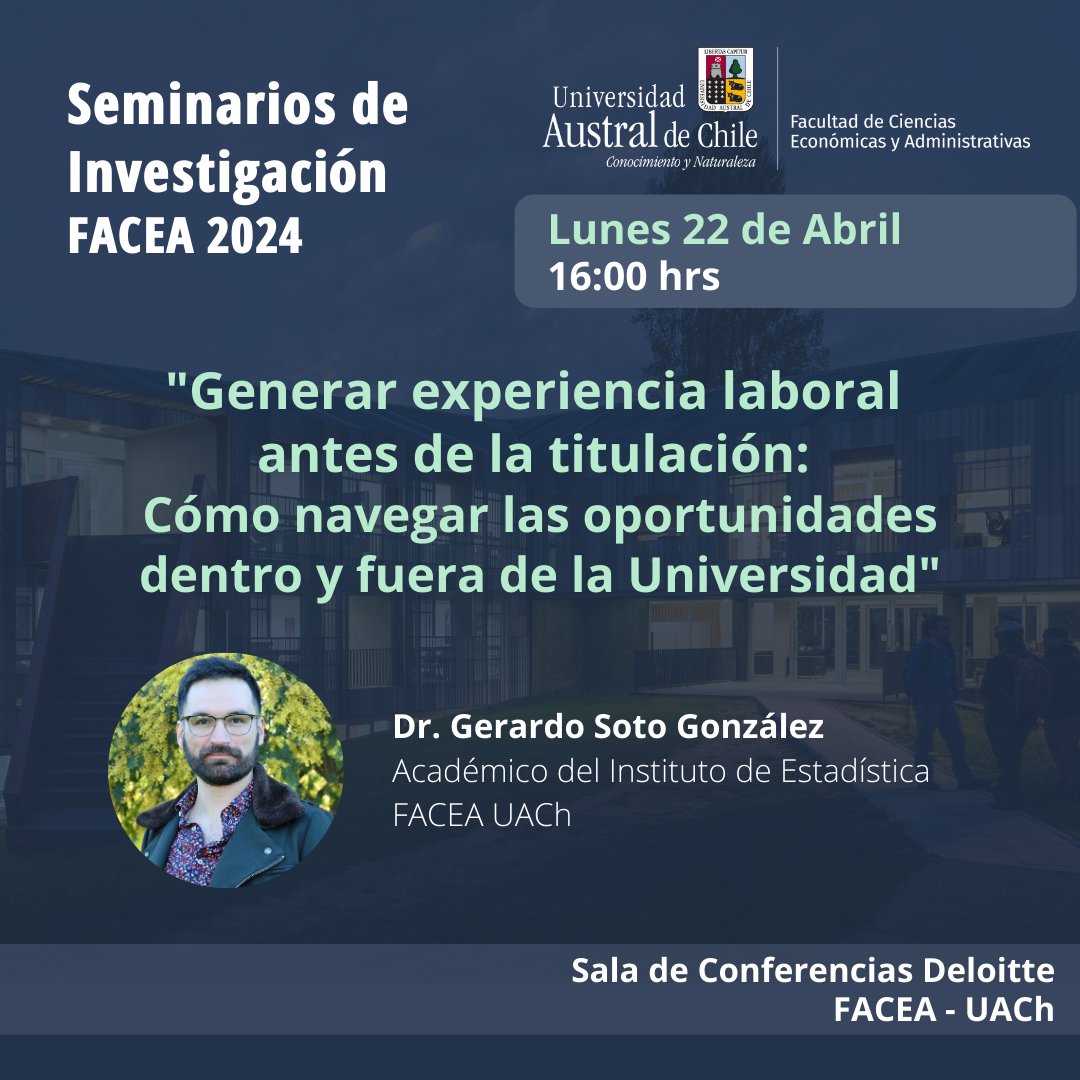 La próxima semana partimos con nuestra primera sesión del Ciclo de Seminarios de Investigación FACEA 2024. Ésta se orientará a generar experiencia laboral antes de la titulación, y estará a cargo del Profesor del Instituto de Estadística, Dr. Gerardo Soto!