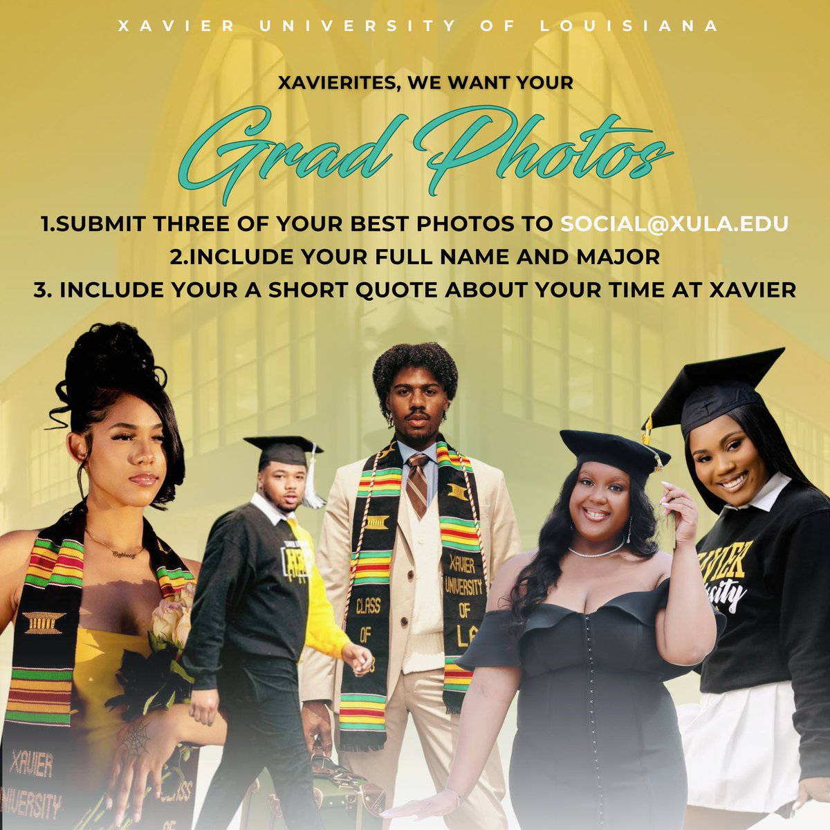 It’s officially GRAD SZN and we already know you all are slaying your graduation photoshoots! 🧑🏿‍🎓 📷 Send us three of your best grad photos for the chance to be featured on Xavier’s social media! See the graphic for information on how to submit. #XULAGRAD Use hashtag #XULAMADE