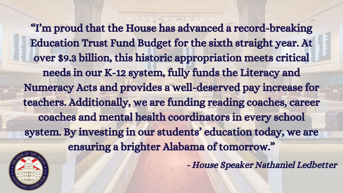 The House has passed a record-breaking Education Trust Fund Budget for the sixth straight year. Read my full statement below ⬇️