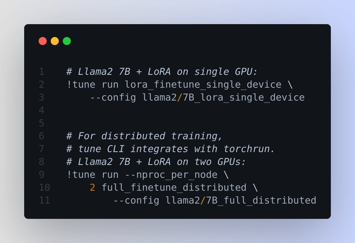 Brilliant work from @PyTorch  team on releasing torchtune ✨

Running fine-tuning with single command.

Single-GPU recipes expose a number of memory optimizations that aren't available in the distributed versions.

torchtune is built with extensibility and usability, focussing on…