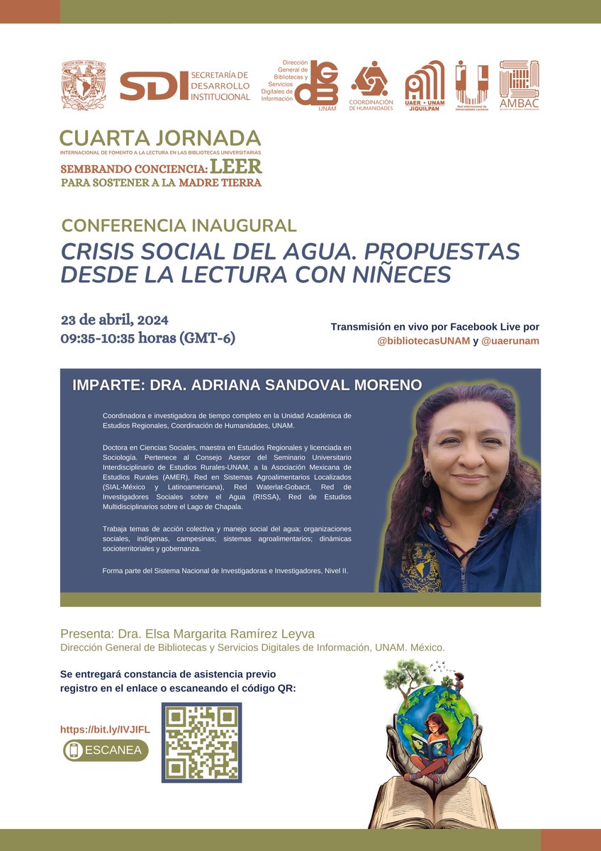 Conoce todas las actividades que tendremos en colaboración con @bibliotecasUNAM conferencia inaugural a cargo de la Dra. Adriana Sandoval, Crisis social del agua💧. Propuestas desde la lectura con niñeces, este 23 de abril, a las 9:35 am Registro bit.ly/IVJIFL