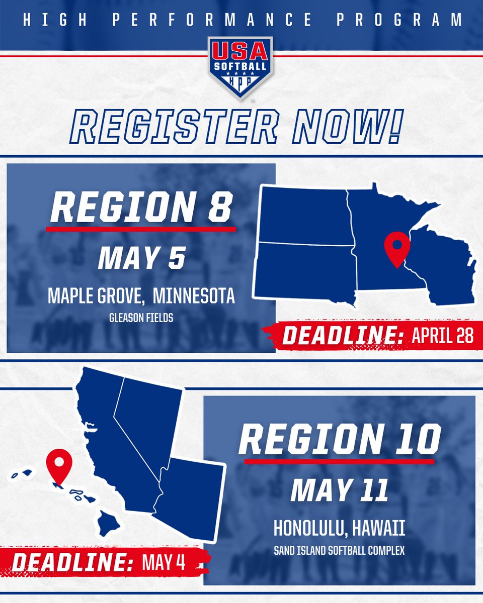 Don't miss your chance to make a 𝗨.𝗦. 𝗪𝗡𝗧 roster 🇺🇸 Check out these USA Softball #HPP Identifiers happening soon 𝙣𝙚𝙖𝙧 𝙮𝙤𝙪 ⤵️ 🥎 Region 8 — Maple Grove, Minnesota 🥎 Region 10 — Honolulu, Hawaii 𝗠𝗼𝗿𝗲 𝗶𝗻𝗳𝗼 » go.usasoftball.com/hpp