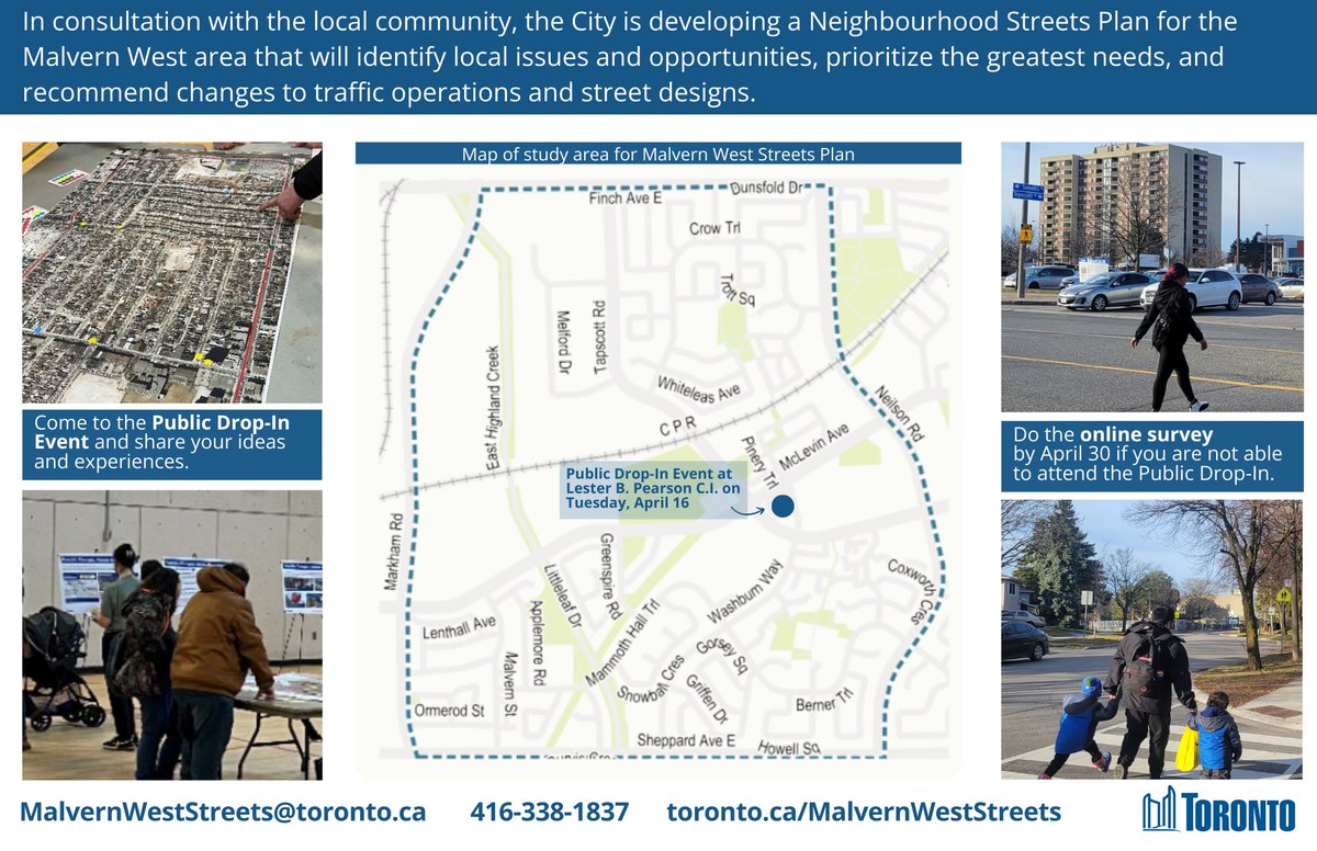 Tonight! Tuesday April 16

6:00 pm - 8:30 pm
Lester B. Pearson C.I. (Cafetorium)
150 Tapscott
Translators for Tamil and Urdu will be present

Help develop the Neighbourhood Streets Plan for the Malvern!

 #Ward23 #ScarbTO #WalkTO #BikeTO