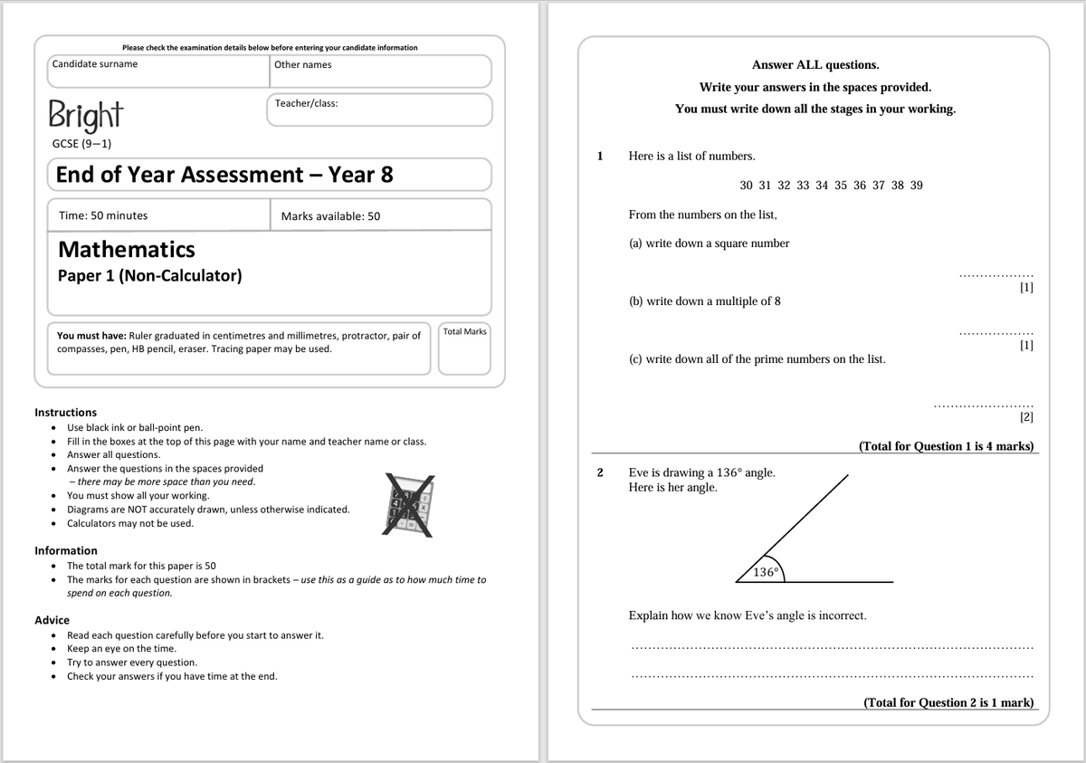 🎓Year 8 end of year assessment 🎓 The end of year exam for year 8 is now on available to download from Bright, including a mark scheme and marksheet. Only year 10's to go 💪 bright-maths.co.uk/assessments