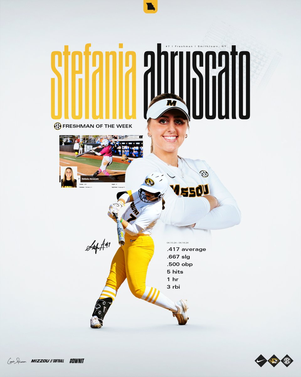 SEC Freshman of the Week 🏅 Congratulations Stefania Abruscato!! 📰 bit.ly/3xFVznF #OwnIt #MIZ 🐯🥎 | @StefaniaAbrusc1