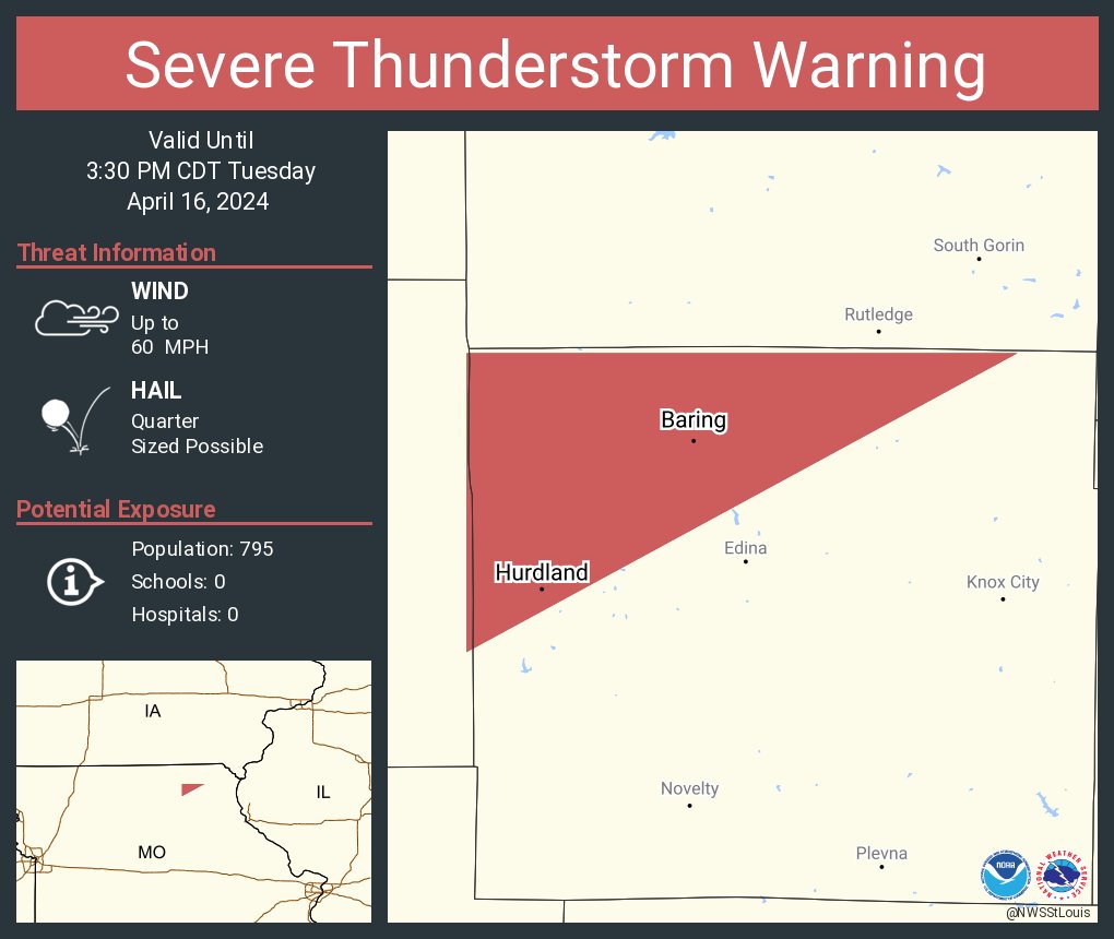 Severe Thunderstorm Warning continues for Hurdland MO and Baring MO until 3:30 PM CDT