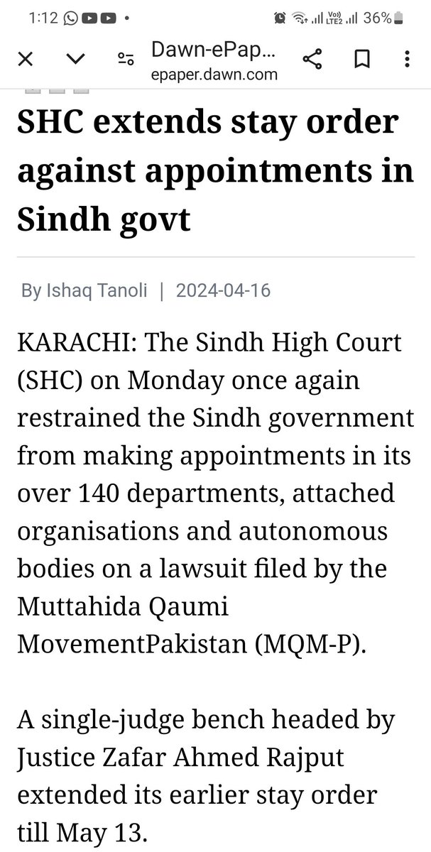 Sindh #HighCourt once again restrained #GoS from making appointments in over 140 depts,attached organisations& autonomous bodies on a lawsuit filed by #MQM in August2023. #Judiciary has always interfered in executive matter of #GoS,while no other province faces such situation🧵