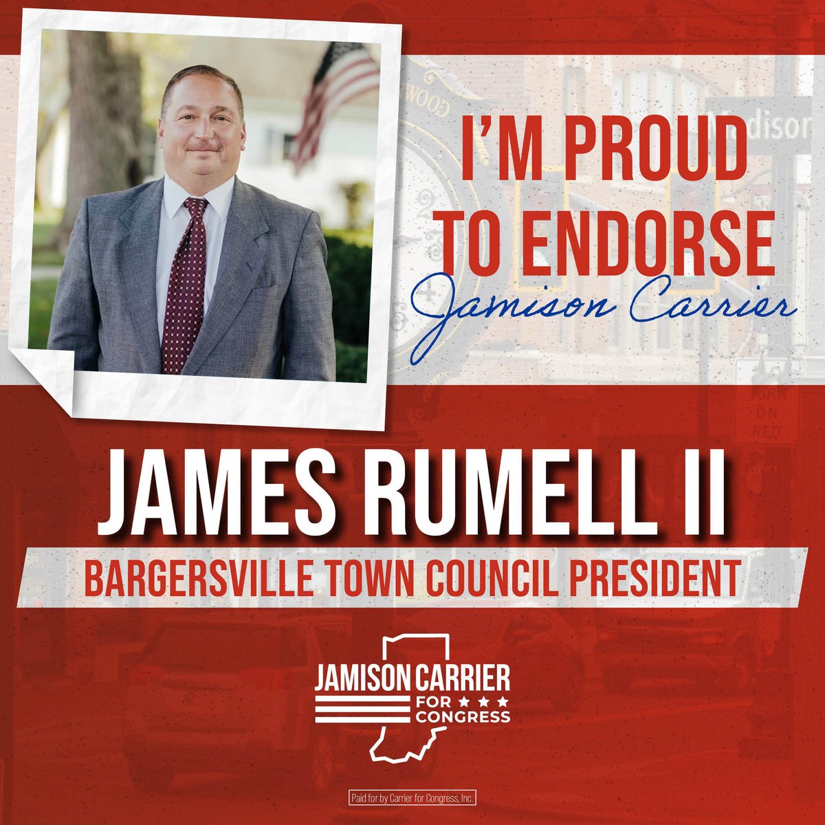 'I'm honored to endorse Jamison Carrier for Congress to replace Rep. Greg Pence, who is retiring at the end of the year. I know he is ready to fight for our conservative values in Washington and work hard for all of the constituents here in the Sixth District. Jamison is a man of