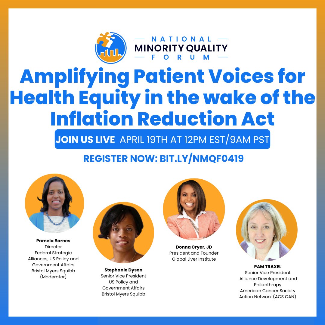 Tomorrow at 12pm EST, join us for our live webinar, “Amplifying Patient Voices for Health Equity in the wake of the Inflation Reduction Act”. 🗓 Date: Friday, April 19 ⏰ Time: 12:00 PM ET 🔗 Register now: bit.ly/NMQF0419