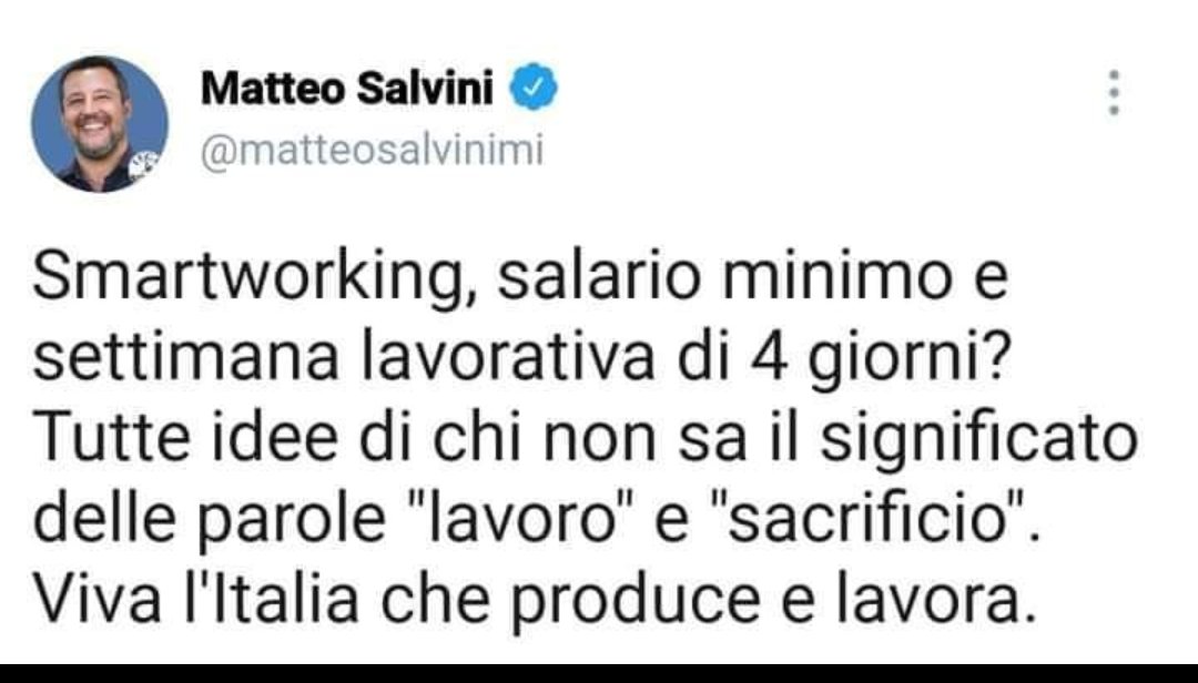 Quello che non ha mai lavorato in vita sua e vuole spiegare al paese come si lavora! Questo da 30 mangia e caca a sbaffo degli italiani e spiega come funziona il lavoro 
Ma porca miseria basta! 
#SalviniPagliaccio
#SalviniKazzaro