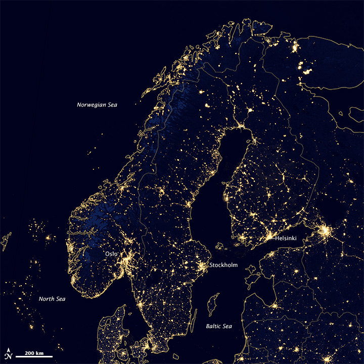 Intriguing: The bright lights of Finland, Norway and Sweden sparkle at night in this satellite photo! (Credit: NASA’s Earth Observatory)