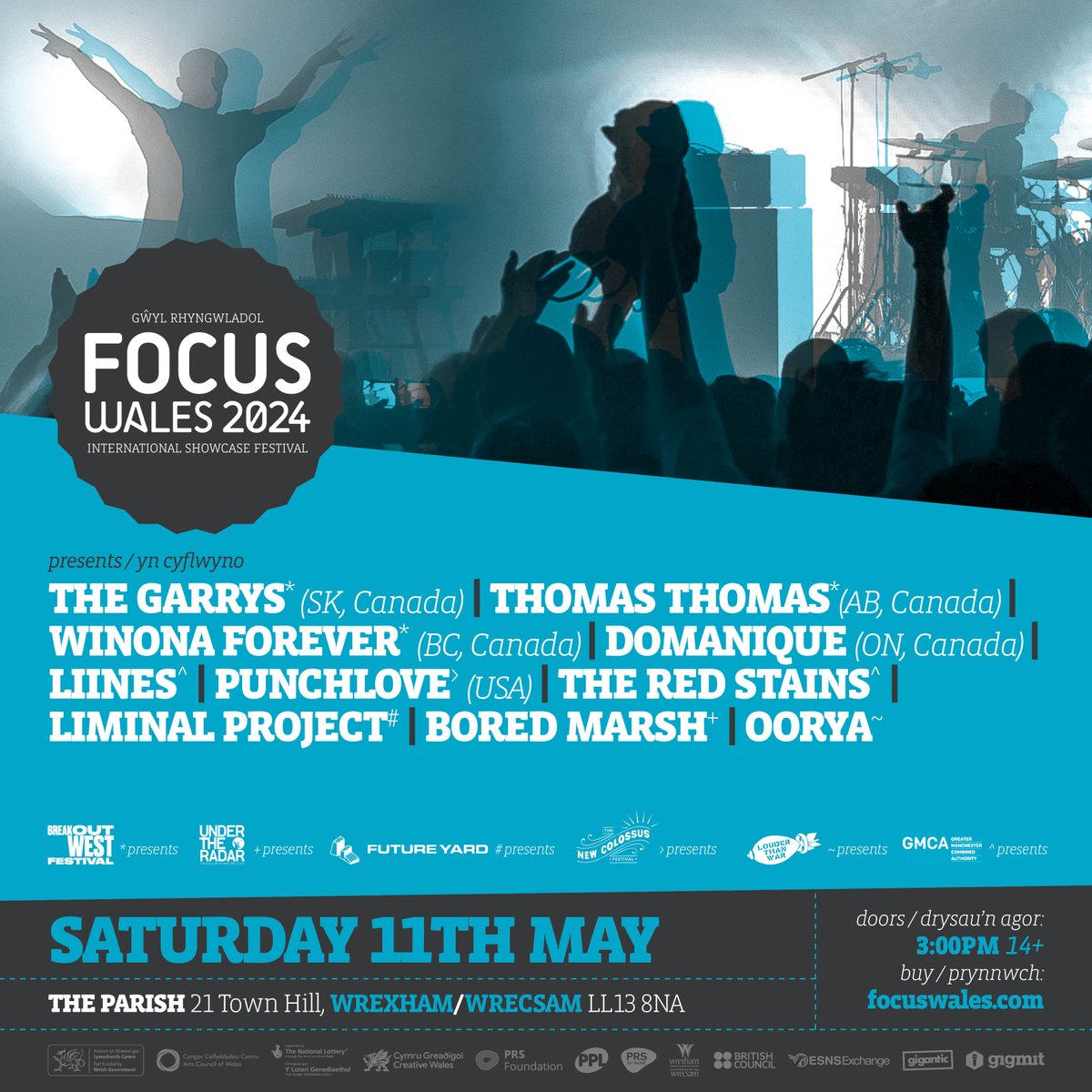 SAT @ The Parish at FOCUS Wales 2024🎪 gyda : with @thegarrysband | Thomas Thomas | Winona Forever | @DomaniqueGrant | @WEARELIINES | @punchlovemusic | @theredstains | LIMINAL PROJECT | @BoredMarsh | @OORYA4 + MWY : MORE 🎉 MAI 11 MAY #WREXHAM 🎫 focuswales.com
