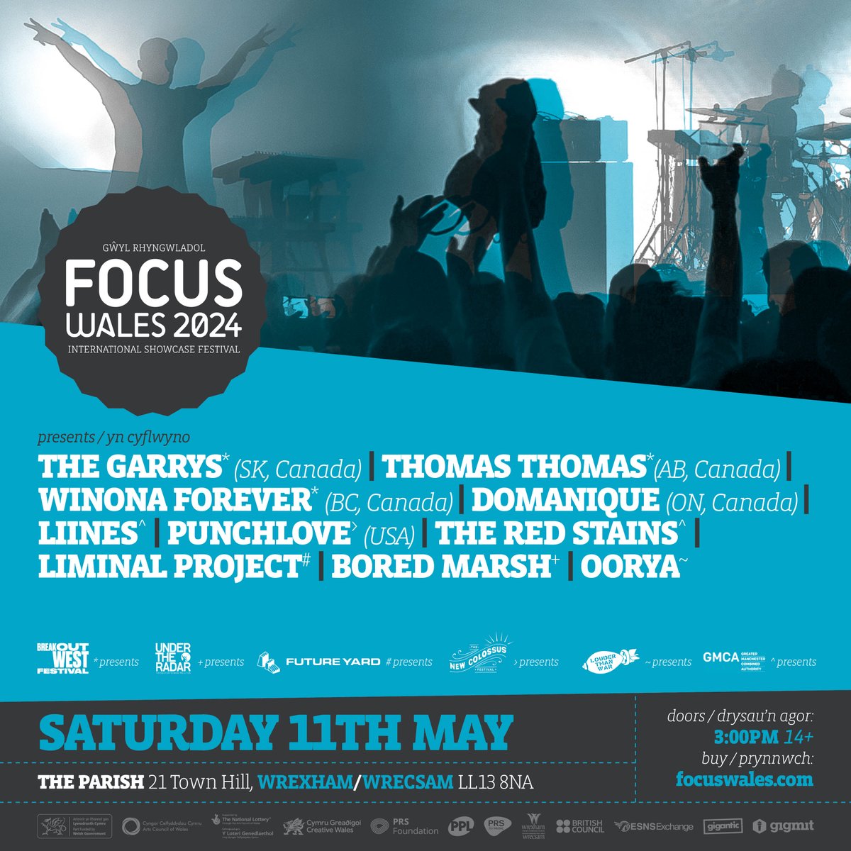 SAT @ The Parish at FOCUS Wales 2024🎪 gyda : with <a href="/thegarrysband/">The Garrys</a> | Thomas Thomas | Winona Forever | <a href="/DomaniqueGrant/">Domanique Grant</a> | <a href="/WEARELIINES/">LIINES</a> | <a href="/punchlovemusic/">punchlove</a> | <a href="/theredstains/">The Red Stains</a> | LIMINAL PROJECT | <a href="/BoredMarsh/">Bored Marsh</a> | <a href="/OORYA4/">OORYA //.</a> + MWY : MORE 🎉 MAI 11 MAY #WREXHAM 🎫 focuswales.com