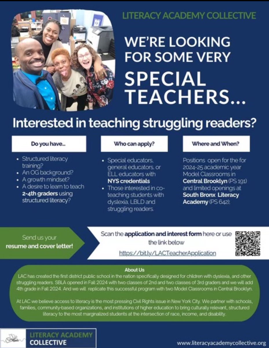!!Calling all Teachers!! 
If you are interested in joining South Bronx Literacy Academy or our inaugural model classroom in D17, this is your moment. 
Click on the interest form to get started: 

bit.ly/LACTeacherAppl…