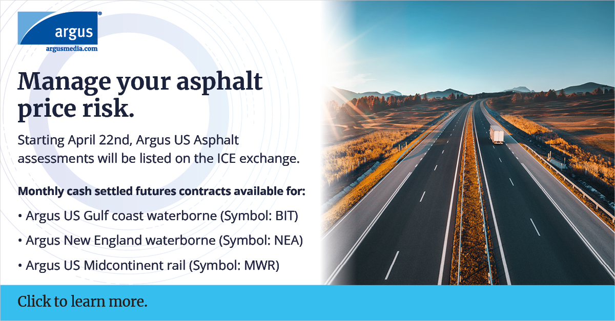 Need a way to manage your asphalt price risk? Starting April 22nd, #Argus asphalt prices will be available as futures contracts on ICE. Learn more>> okt.to/x3oXyN #asphalt #bitumen #oilproducts