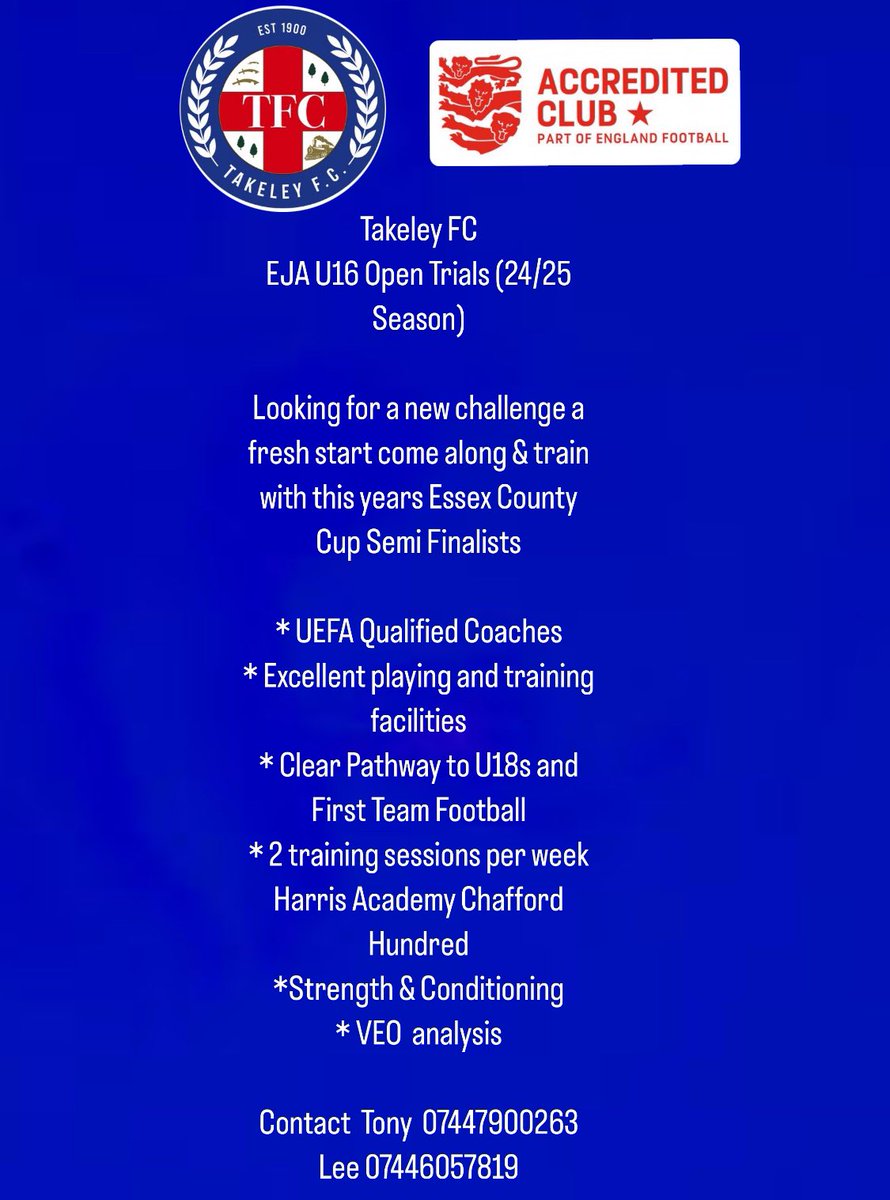 Fancy a change or a new challenge join this years Takeley FC Essex County Cup Semi Finalists for OPEN TRIALS as they look to recruit for the U16 2024/25 season
