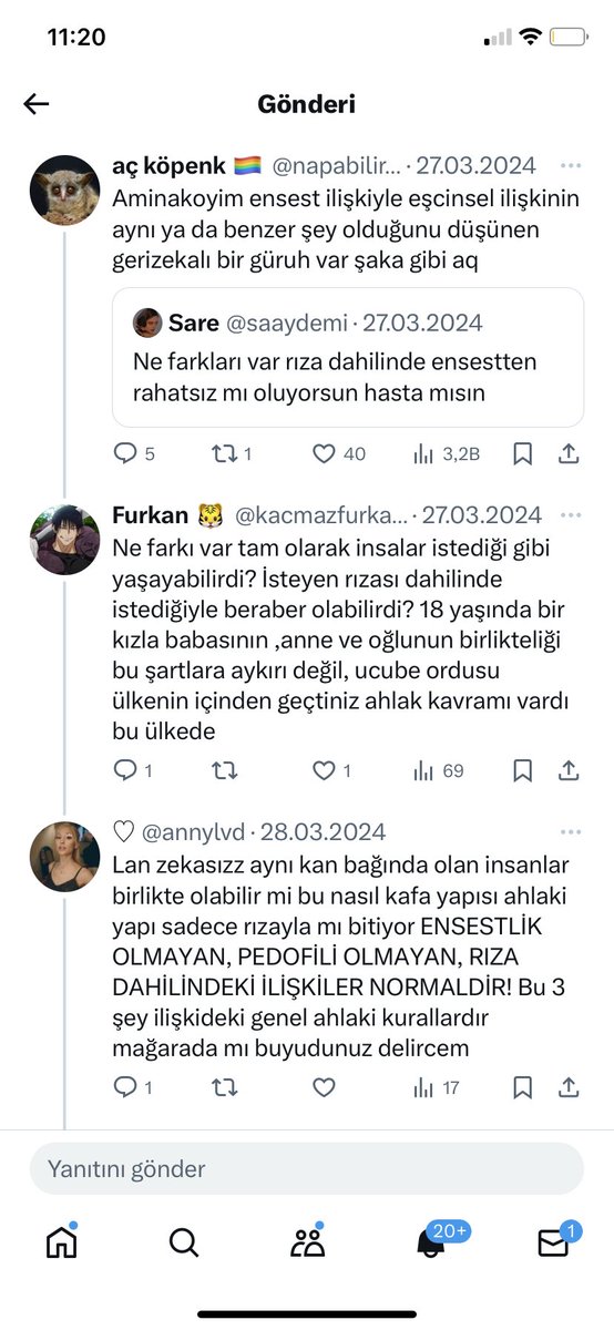 Hayvan düşmanı bir şahısın savunduğu şeyler 1-ümitcan uygun 2-ens*st 3-'kadınların diri diri g*mülmesi' Çoğu hayvan düşmanı böyle,bu tipleri ciddiye almayın,çoğunluk zannetmeyin (buradaki trollerin çoğunun kafası böyle) @Akparti @TBMMresmi @herkesicinCHP @yilmaztunc @TCTarim