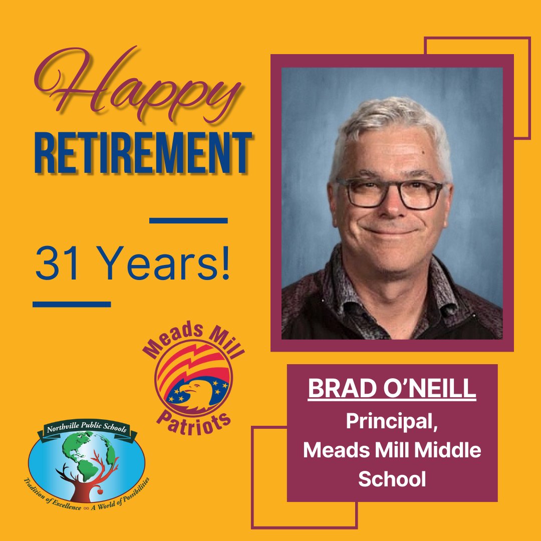 After 31 amazing years shaping minds & making memories at @MMPatriotPride, it's time to bid farewell to the one & only Brad O'Neill! 🎉✨ Thank you for your dedication, infectious energy, & lunchtime chats. Happy retirement, Brad! #NPSWorldofPossibilities #HappyRetirement