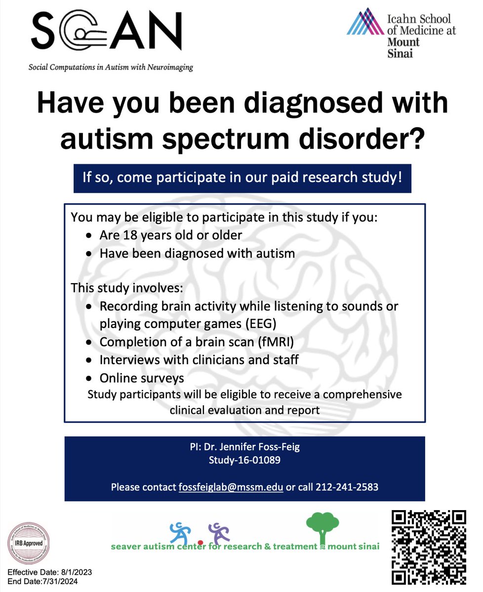 Come participate in our paid research study! Reach out to fossfeiglab@mssm.edu. #autism