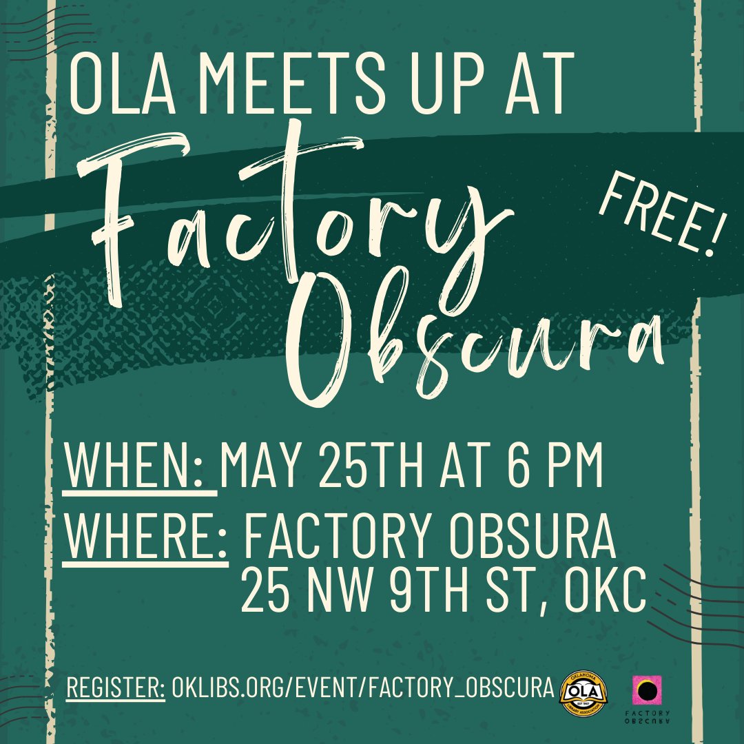 Join OLA for an evening of immersive art at OKC’s local arts collective for on 5/24 for free. Get ready to explore Factory Obscura’s permanent immersive experience, Mixtape. Space is limited to just 50 participants and 18 spots are already gone! oklibs.org/event/factory_…