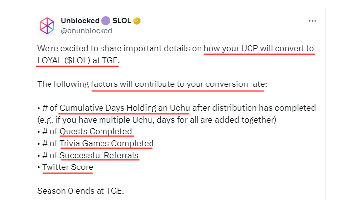 Unblocked Airdrop is Coming Soon! 🪂 Today, @onunblocked unveiled the process for converting your UCP into Loyal $LOL tokens. The conversion rate will be influenced by several factors: 1. Number of quests completed. 2. Number of trivia games completed. 3. Number of successful