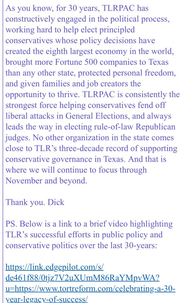 I see a lot of familiar language in this letter. Can’t wait to watch @TexasScorecard ‘s new expose on #TLR. @lawsuitreform seems big mad. #txlege