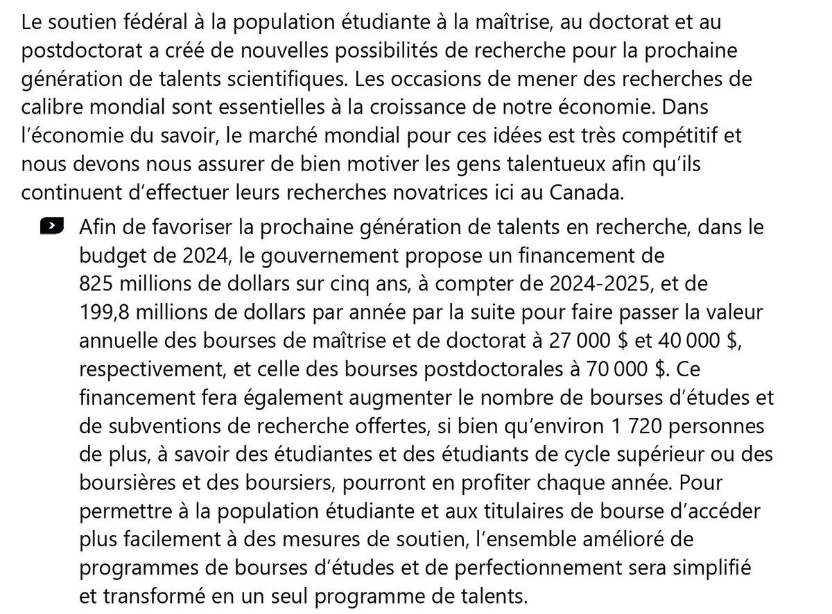 La recherche a une place dans le budget 2024. Chap4pp.196-201 et autres:plusieurs des recommandations de notre #BouchardReport. Soulignons le geste majeur pour mieux soutenir nos étudiantes et étudiants,la relève en recherche dont nous avons tant besoin. budget.canada.ca/2024/home-accu…