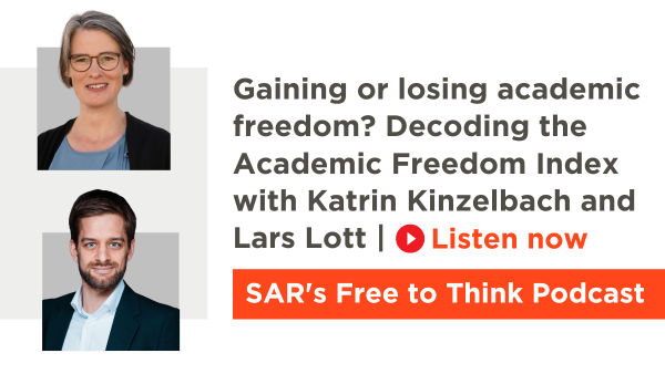 New episode! Recent headlines suggest academic freedom is in retreat everywhere, but is it true? Researchers Katrin Kinzelbach and @LarsLott decode the latest data from the 'Academic Freedom Index,' with host SAR Executive Director @RobQ_SAR. Listen now: scholarsatrisk.org/podcast