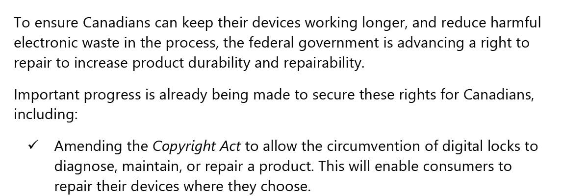 A few notable digital-related issues in #Budget2024: (1) Government already declaring right to repair and interoperability - including new copyright circumvention rights - a done deal. Not quite yet legislatively. No other major copyright reforms that I see.