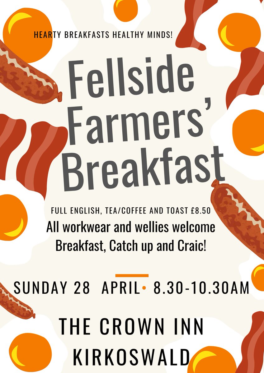 CrownInnChef's tweet photo. Hearty Breakfasts and Healthy Minds- The Crown Inn is promoting Farmers' Mental Health by inviting Cumbrian Farmers down for Breakfast and a Craic. Get out and get talking! @JeremyClarkson @DrNeilHudson @CumbriaYFC #mentalhealth #farminguk #edenvalleyfarmers https://t.co/BIWdE8LrJc