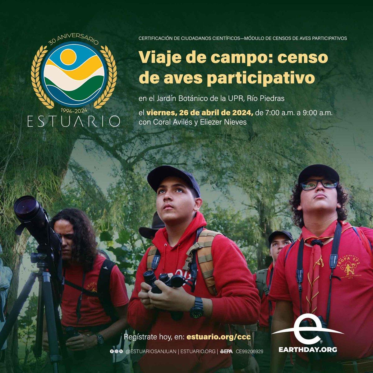 Participa en el censo de aves participativo en el Jardín Botánico de la UPR en Río Piedras, el viernes, 26 de abril, mes del planeta Tierra, de 7:00 a.m. a 9:00 a.m. Regístrate hoy, en: estuario.org/ccc — #puertorico #calidaddeagua #earthday