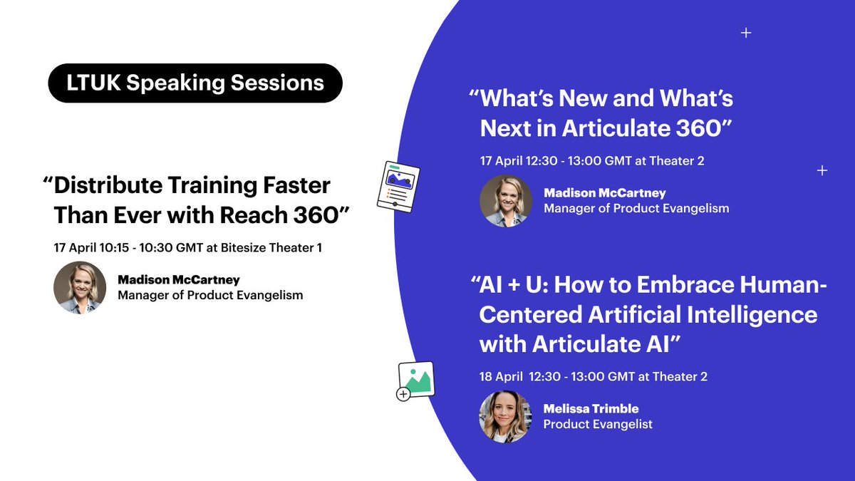 Hi, London! 🇬🇧Visit Articulate at Learning Technologies UK, Stand #G20, and check out our live theater sessions on what’s new & what’s next in Articulate 360, AI, and more. #LTUK24 💙