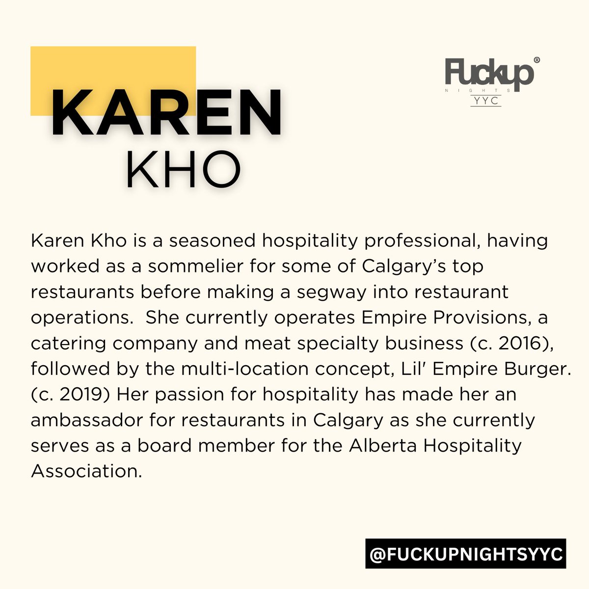 SPEAKER HIGHLIGHT #2!
Please welcome Karen Kho of Empire Provisions and Lil' Empire Burger!

Empire is a staple in our city, with some of the best snacks - we are excited to hear Karen's story and learn from it !

#yycentrepreneur #yycnow #yycevents