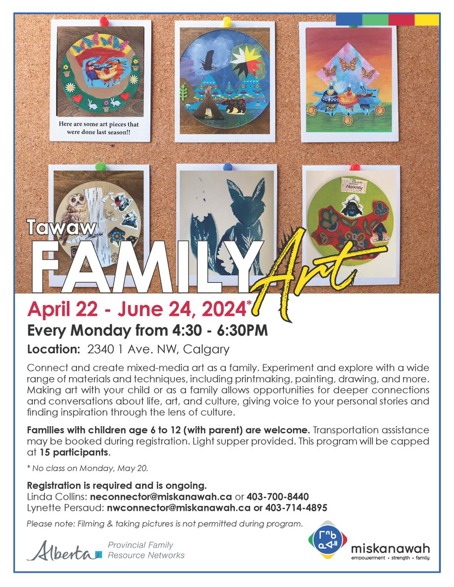 Join Tawaw Family Art starting next week! Every Monday, 4:30 - 6:30 PM at 2340 1 Ave. NW, Calgary. Connect and create mixed-media art as a family. Explore printmaking, painting, drawing, and more. #miskanawah #yyc #Calgary #art